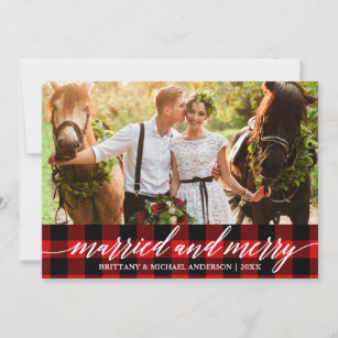 Calligraphy Red Plaid Married and Merry Wedding Holiday Card