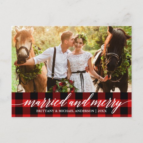 Calligraphy Red Plaid Married and Merry Wedding Postcard