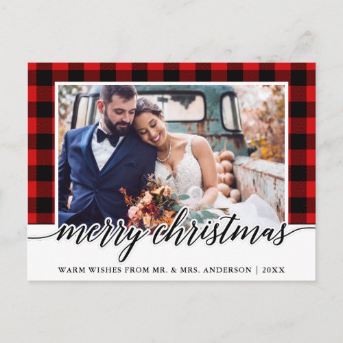 Calligraphy Red Plaid Wedding Photo Christmas Postcard