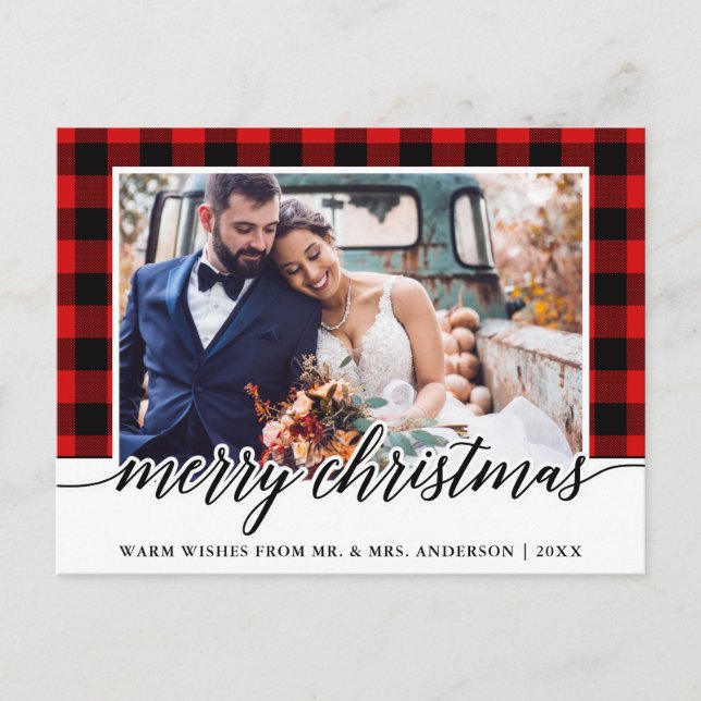Calligraphy Red Plaid Wedding Photo Christmas Postcard (Front)