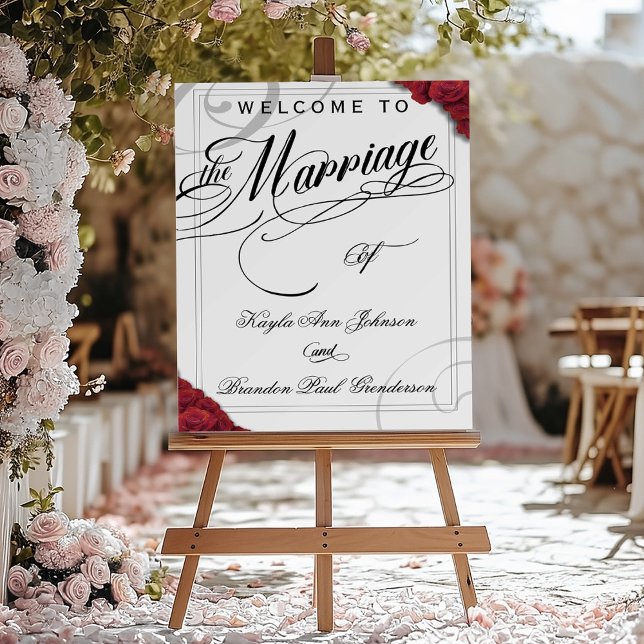 Calligraphy Red Roses Wedding Welcome  Foam Board (Red Roses Welcome Wedding Sign with Script)