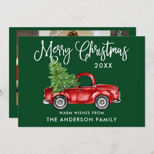 Calligraphy Red Truck Christmas Photo Back Green Holiday Card