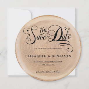 Calligraphy Round Photo Rustic Wood Save The Date Invitation