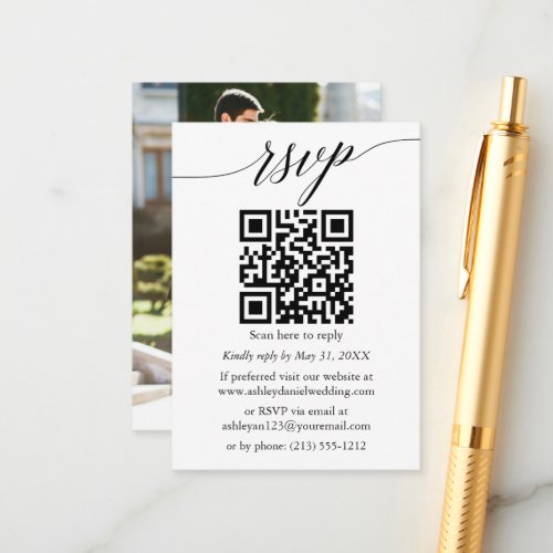 Calligraphy RSVP Photo Wedding Minimalist QR Enclosure Card