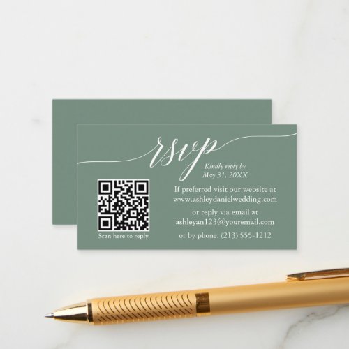 Calligraphy RSVP Wedding QR Sage Green Enclosure Card