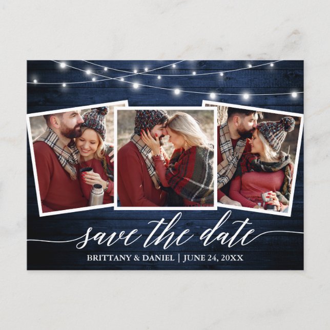 Calligraphy Rustic Blue Wood Lights Save The Date Postcard (Front)