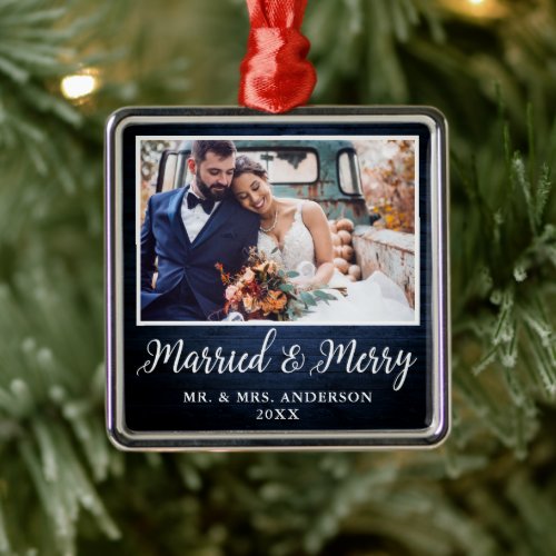 Calligraphy Rustic Blue Wood Married and Merry Metal Ornament