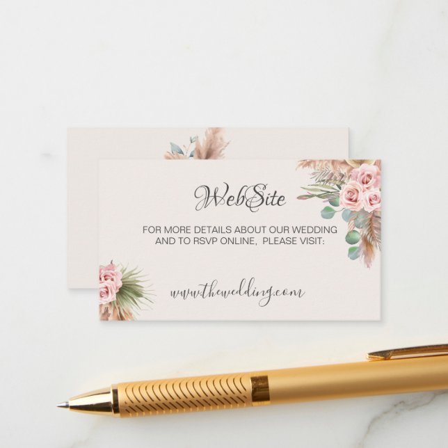 Calligraphy Rustic Boho Floral Wedding Website Bus Enclosure Card (Front/Back In Situ)