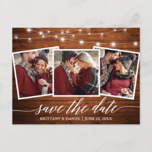 Calligraphy Rustic Wood Lights Save The Date Postcard