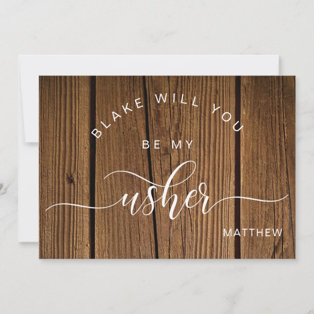 Calligraphy Rustic Wood, Will You Be My Usher Card (Front)
