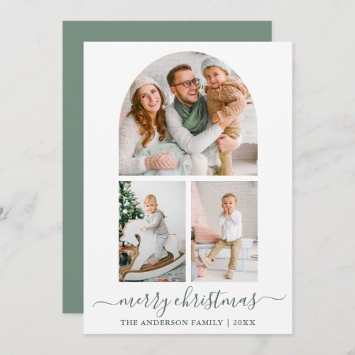 Calligraphy Sage Green 3 Photo Arch Christmas Holiday Card