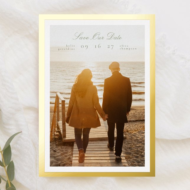 Calligraphy Sage Green Gold Frame Classic photo Foil Invitation (Creator Uploaded)