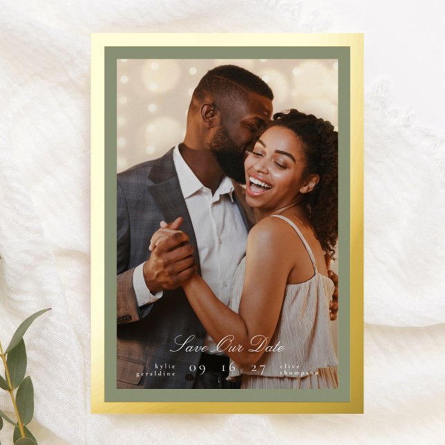 Calligraphy Sage Green Gold Framed Classic photo Foil Invitation (Creator Uploaded)