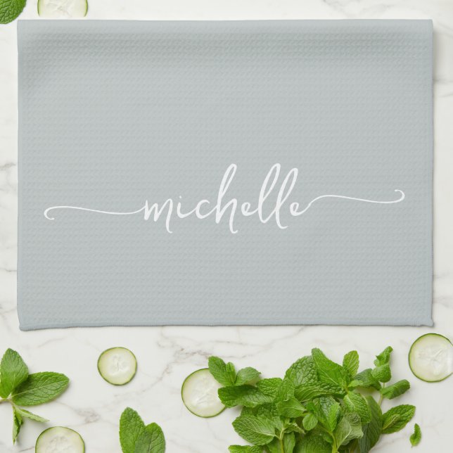 Calligraphy Sage Green Monogram Name Script Kitchen Towel (Folded)