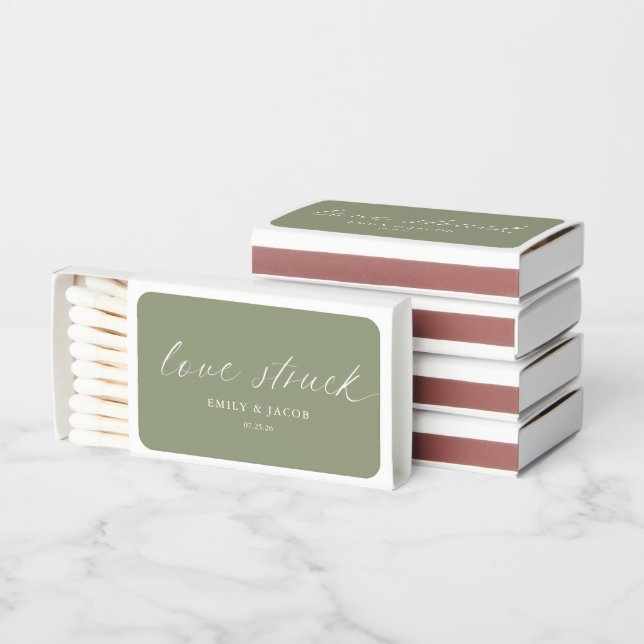 Calligraphy Sage Green Wedding Favors Matchboxes (Stacked)