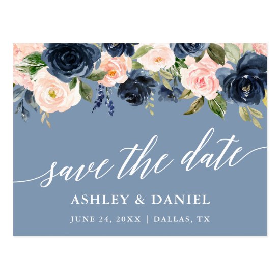 Calligraphy Save The Date Dusty Blue Pink Postcard