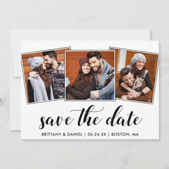 Calligraphy Save The Date Engagement 3 Photo Card (Front)