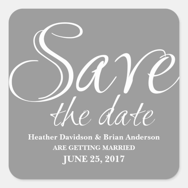 Calligraphy Save the Date Stickers, Gray Square Sticker (Front)