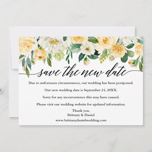 Calligraphy Save The New Date Yellow Floral Card (Front)