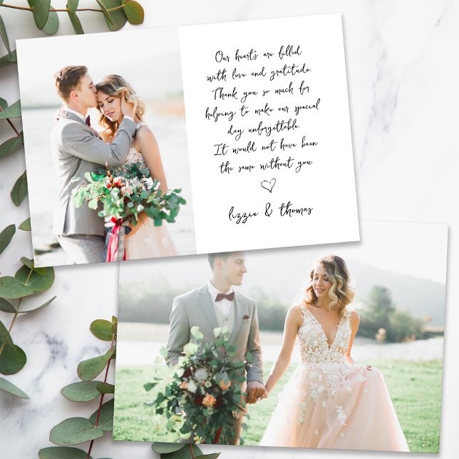 Calligraphy Script 2 Photo Wedding Thank You Card (Creator Uploaded)