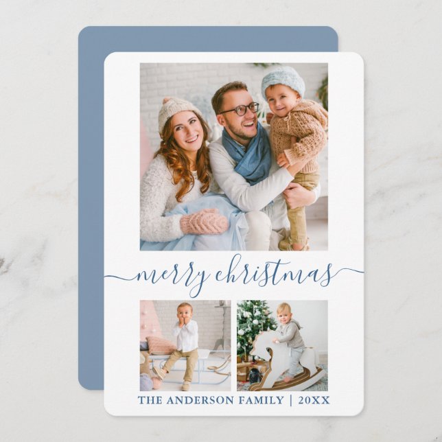 Calligraphy Script 3 Photo Dusty Blue Christmas Holiday Card (Front/Back)