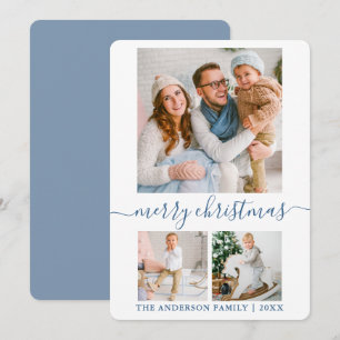 Calligraphy Script 3 Photo Dusty Blue Christmas Holiday Card