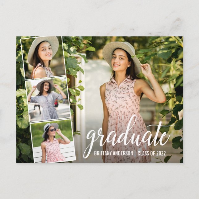 Calligraphy Script 4 Photo Graduation Announcement Postcard (Front)