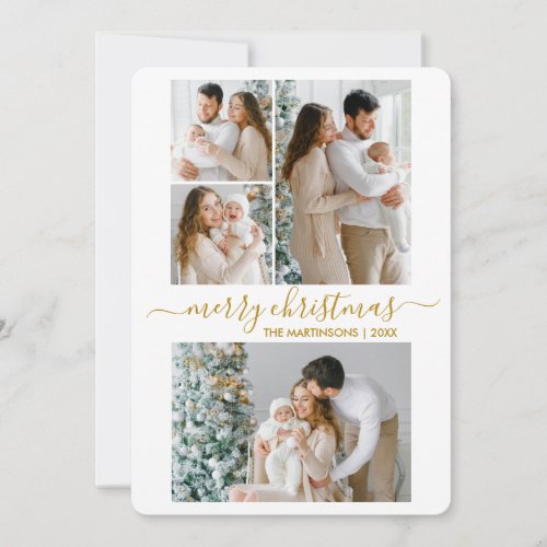 Calligraphy Script 4 Photo Merry Christmas Gold Holiday Card