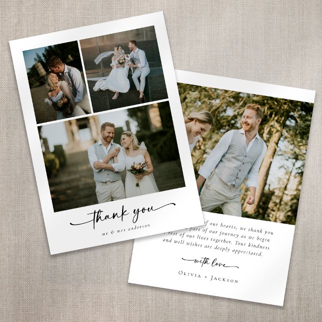 Calligraphy Script 4 Photo Wedding Thank You Card (Creator Uploaded)