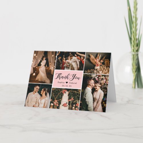 Calligraphy Script 6 Photo Collage Wedding Thank You Card
