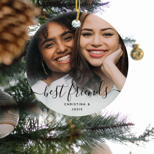 Calligraphy Script Best Friends Custom Photo Ceramic Ornament (Creator Uploaded)