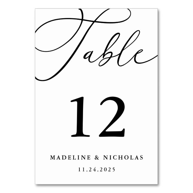 Calligraphy Script Black And White Modern Wedding Table Number (Front)