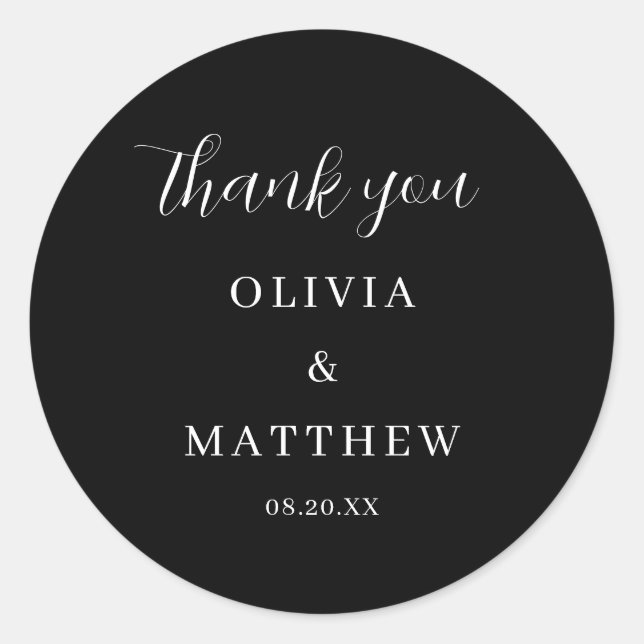 Calligraphy Script Black Thank You Wedding Classic Round Sticker (Front)