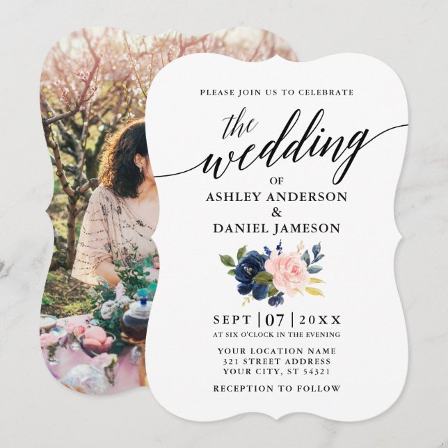 Calligraphy Script Blue Pink Floral Photo Wedding Invitation (Front/Back)