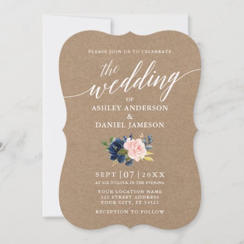 Calligraphy Script Blue Pink Floral Wedding Kraft Invitation