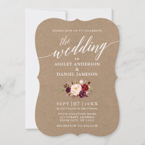 Calligraphy Script Burgundy Floral Wedding Kraft Invitation