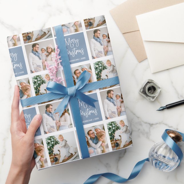 Calligraphy Script Christmas 3 Photo Dusty Blue Wrapping Paper (Gifting)