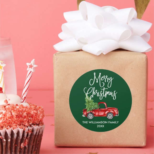 Calligraphy Script Christmas Red Truck Green Classic Round Sticker (Party)