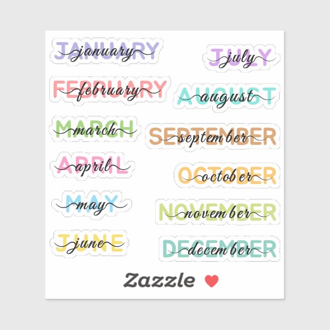 Calligraphy Script Colorful Months of the Year  Sticker (Sheet)