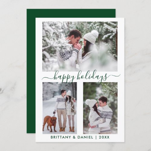 Calligraphy Script Couple 3 Photo Green Holiday Card