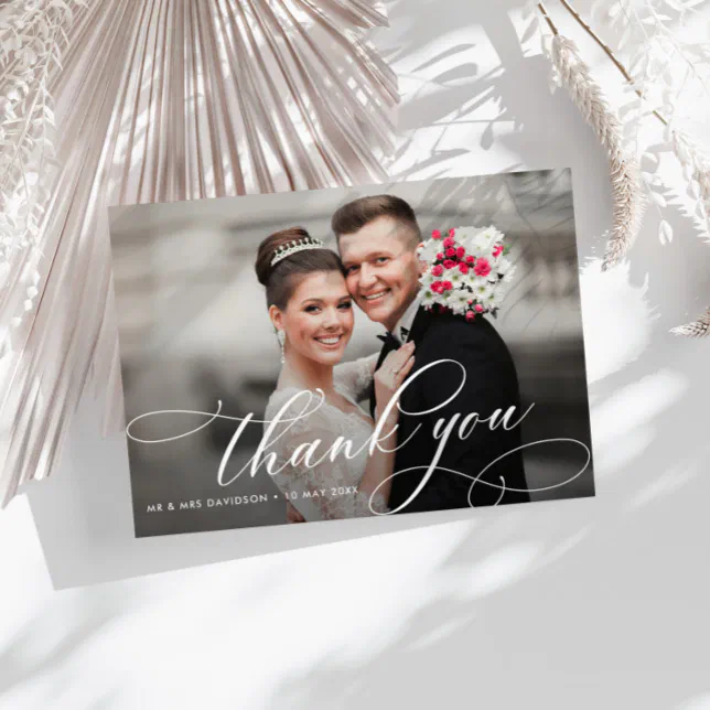 calligraphy script double sided wedding photo thank you card | Zazzle