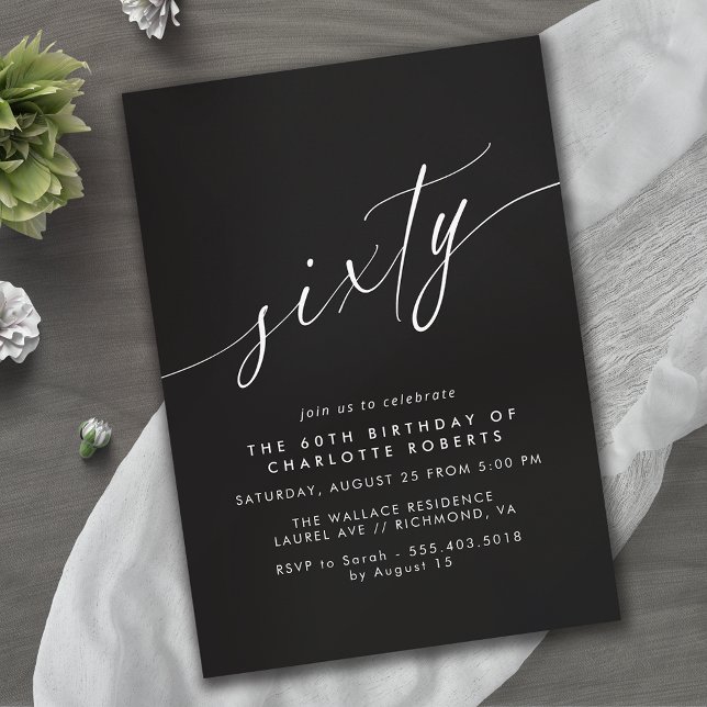 Calligraphy Script | Elegant Black 60th Birthday Invitation (Creator Uploaded)