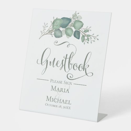 Calligraphy Script Eucalyptus Wedding Guestbook  Pedestal Sign