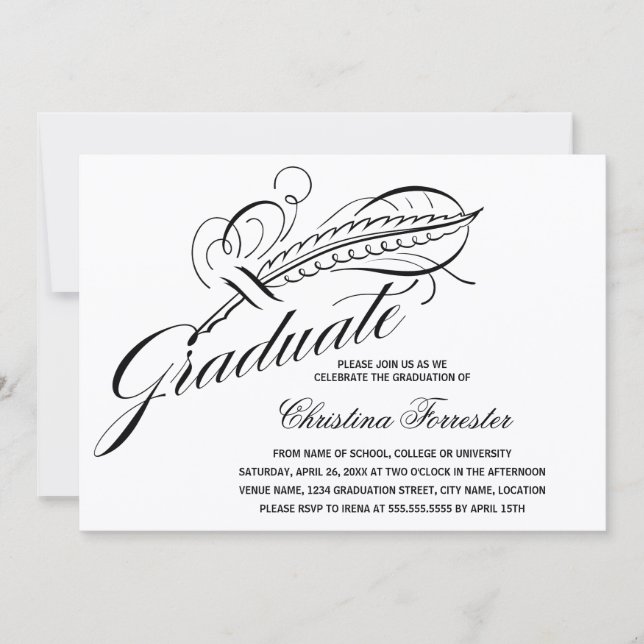Calligraphy Script Feather Quill Graduation Invitation (Front)