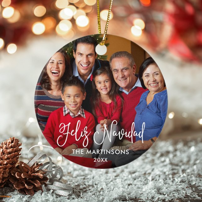 Calligraphy Script Feliz Navidad Photo Red Back Ceramic Ornament (Customize with your photo, name and year.)