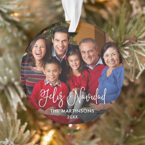 Calligraphy Script Feliz Navidad Photo Red Back Ornament