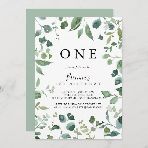 Calligraphy Script Foliage First Birthday Party  Invitation