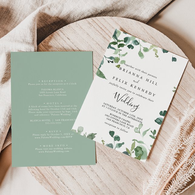 Calligraphy Script Foliage Front & Back Wedding  Invitation (Creator Uploaded)