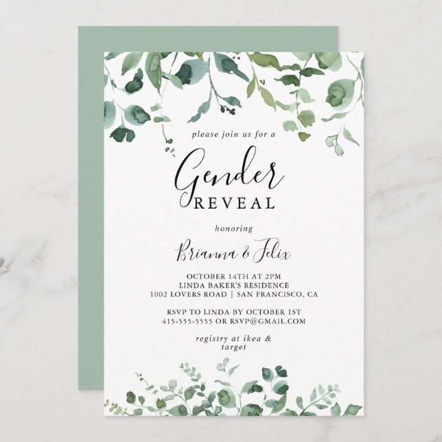 Calligraphy Script Foliage Gender Reveal Party  Invitation (Front/Back)