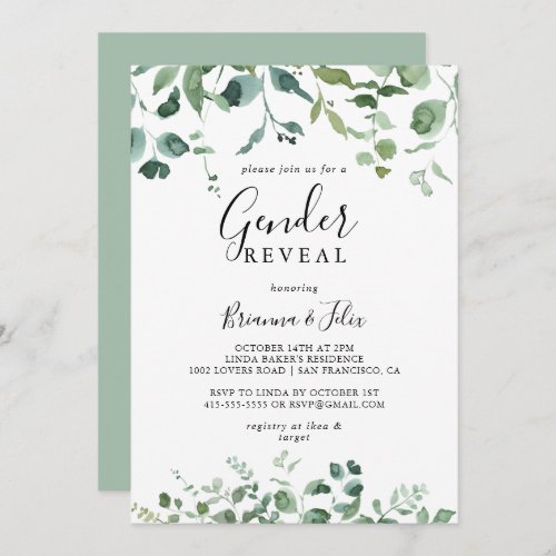 Calligraphy Script Foliage Gender Reveal Party  Invitation